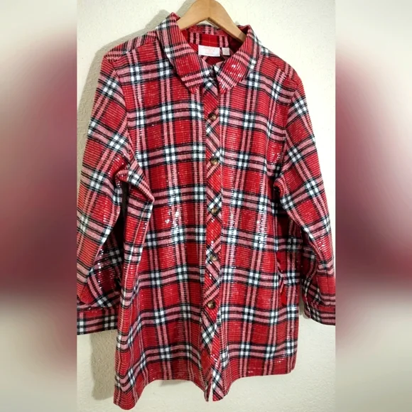Jingle Belles by Kim Gravel Sequin Plaid Lumberjill Shacket - Picture 3 of 7